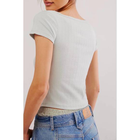 NEW FREE PEOPLE end game pointelle baby tee in pale aqua - Picture 3 of 3